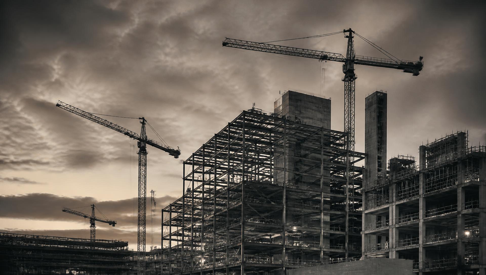 Structural steel frame and tower cranes on a major construction site